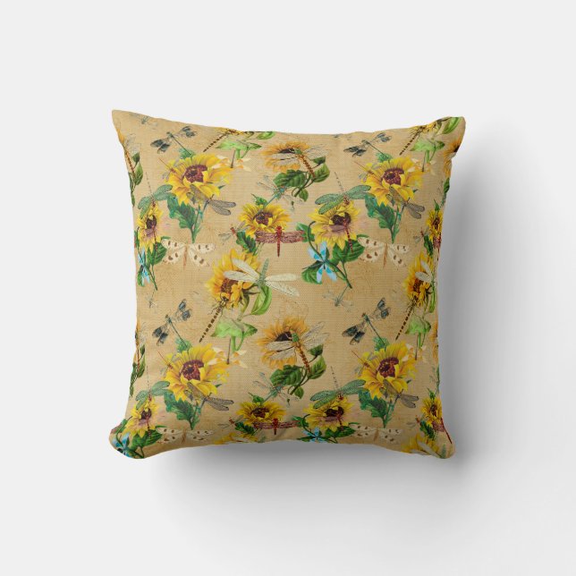 Dragonflies and Sunflowers Yellow Green Tan Cushion (Front)