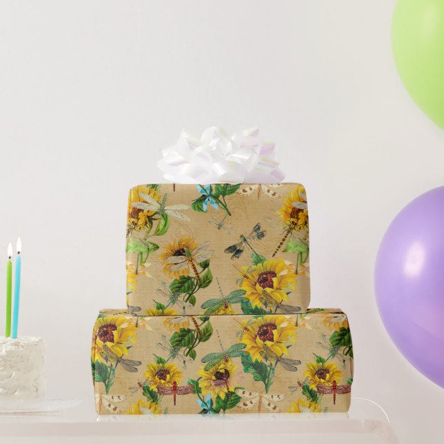 Dragonflies and Sunflowers Yellow Green Tan  Wrapping Paper (Party Gifts)