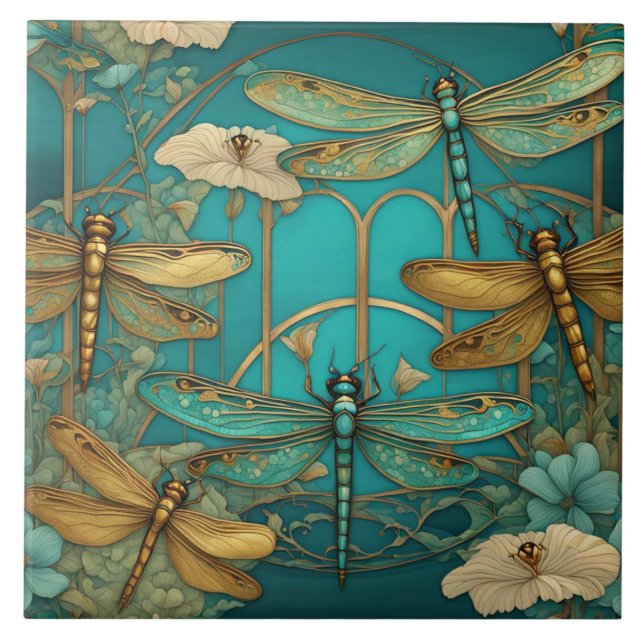 Dragonflies Art Nouveau Art Deco Teal Dragonfly Tile (Front)