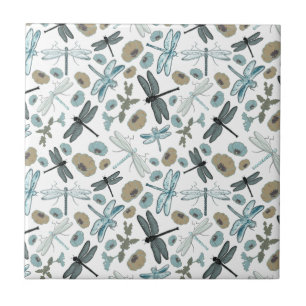 Dragonflies Chic Stylish Flowers Multi Coloured Tile