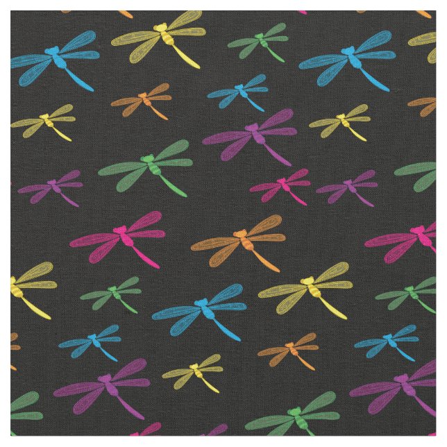 Dragonflies Colourful Dragonfly Rainbow Black Fabric (Close Up)