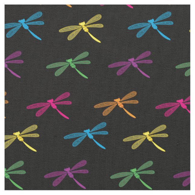 Dragonflies Colourful Dragonfly Rainbow Black Fabric (Close Up)