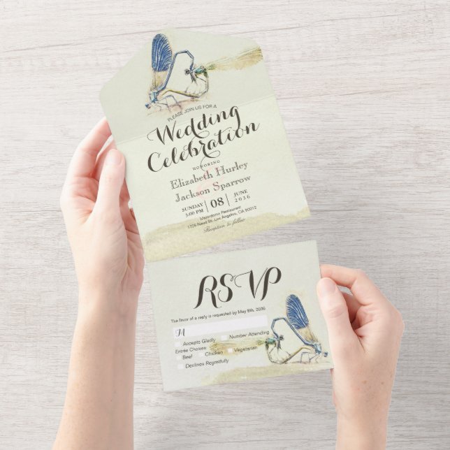 Dragonflies Couple Mating Heart Shape Wedding RSVP All In One Invitation (Tearaway)