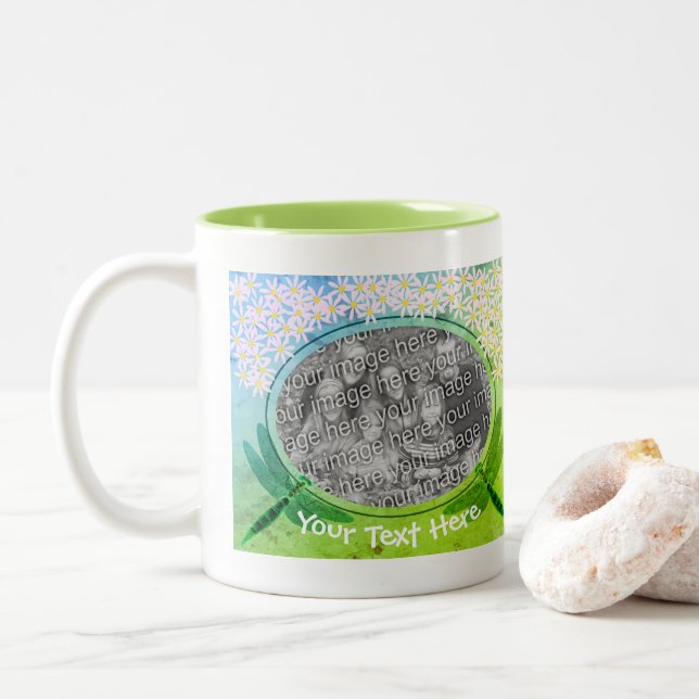 Dragonflies Daisy Flowers Personalised Photo  Two-Tone Coffee Mug (With Donut)