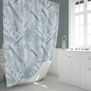 Dragonflies Delicate Fern Leaves Blues Greens Shower Curtain