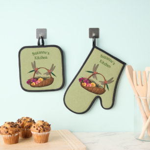 Dragonflies Flower Basket Personalised Oven Mitt & Pot Holder Set