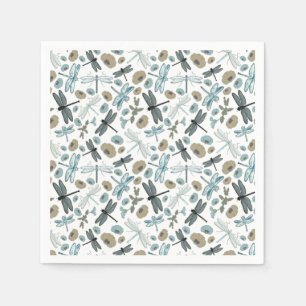 Dragonflies Flowers Blues Grey Pattern Napkin