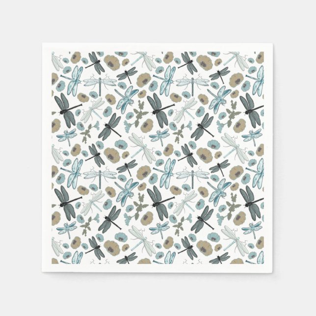 Dragonflies Flowers Blues Grey Pattern Napkin (Front)