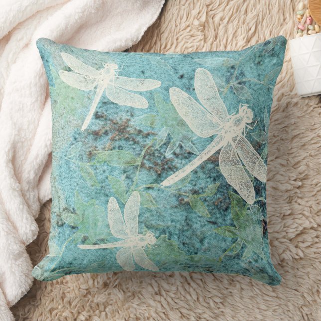 Dragonflies Flowers Pattern Teals Blues Cushion (Blanket)