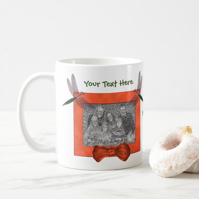 Dragonflies Frame Add Photo Personalised Coffee Mug (With Donut)