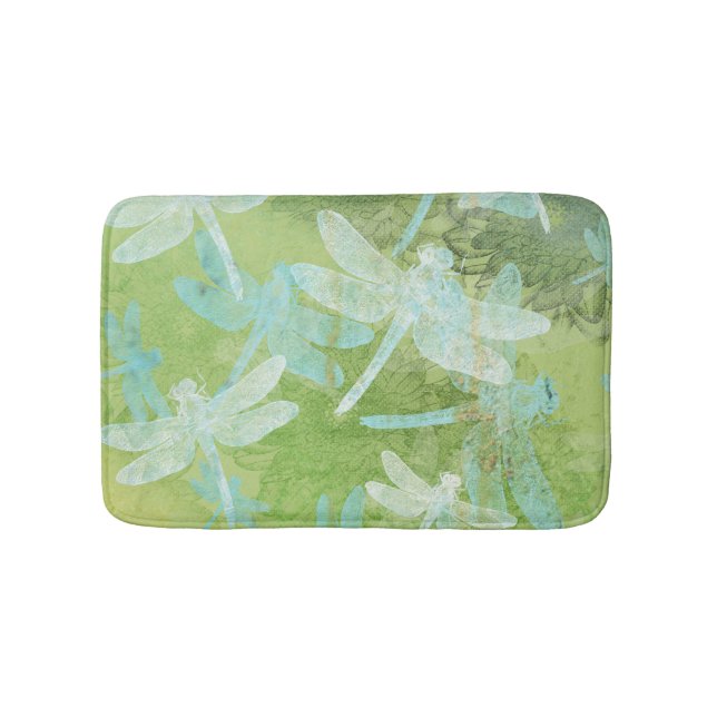 Dragonflies Green Teal Cream Pattern Bath Mat (Front)