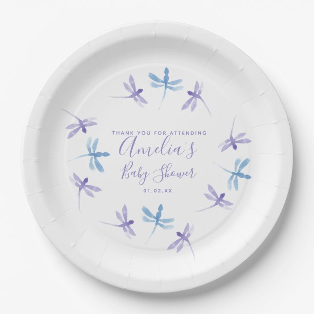 Dragonflies Hand Painted Baby Shower  Paper Plate (Front)