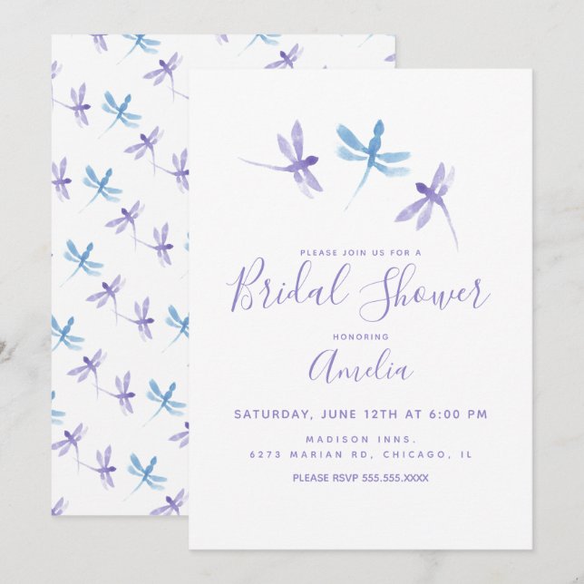 Dragonflies Handpainted Purple Blue Bridal Shower  Invitation (Front/Back)
