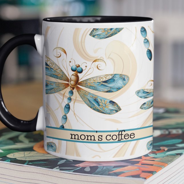 Dragonflies in Flight Pattern in Aqua and Gold  Mug (Cute dragonfly pattern on two toned customizable coffee mug in aqua and gold for Mother's Day. )