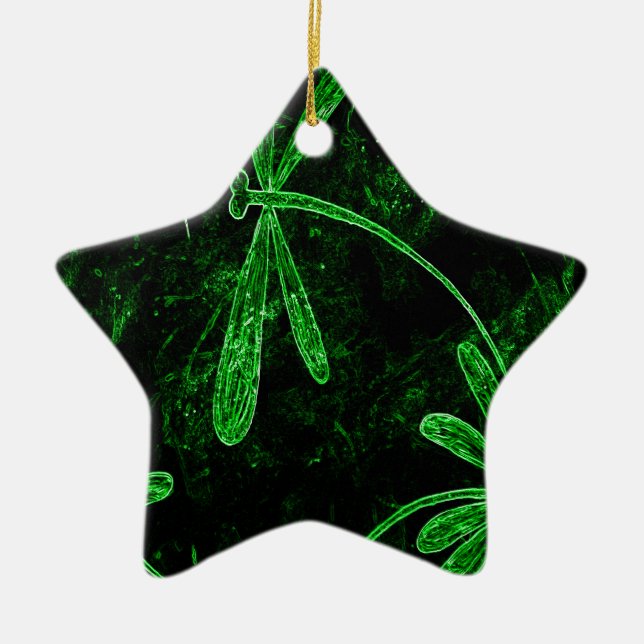 Dragonflies Neon Green Ceramic Tree Decoration (Front)
