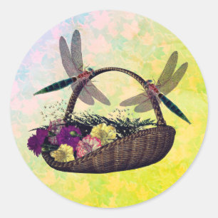 Dragonflies On Flower Basket Nature  Classic Round Sticker