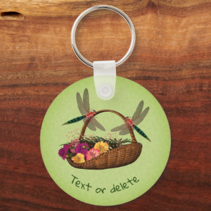 Dragonflies On Flower Basket Nature Personalised Key Ring