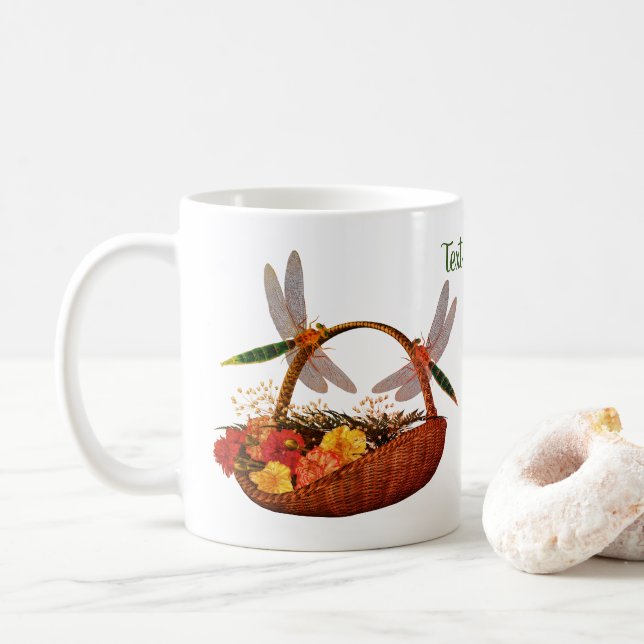 Dragonflies On Flower Basket Personalised Coffee Mug (With Donut)
