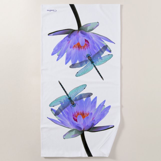 Dragonflies on Water Lilies Beach Towel (Front)