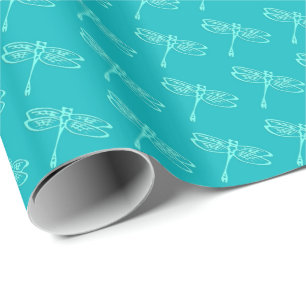 Dragonflies, pale aqua on turquoise wrapping paper