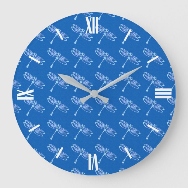 Dragonflies, pale blue on denim blue large clock (Front)