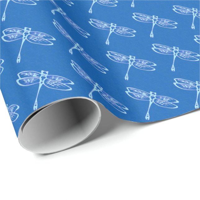 Dragonflies, pale blue on denim blue wrapping paper (Roll Corner)