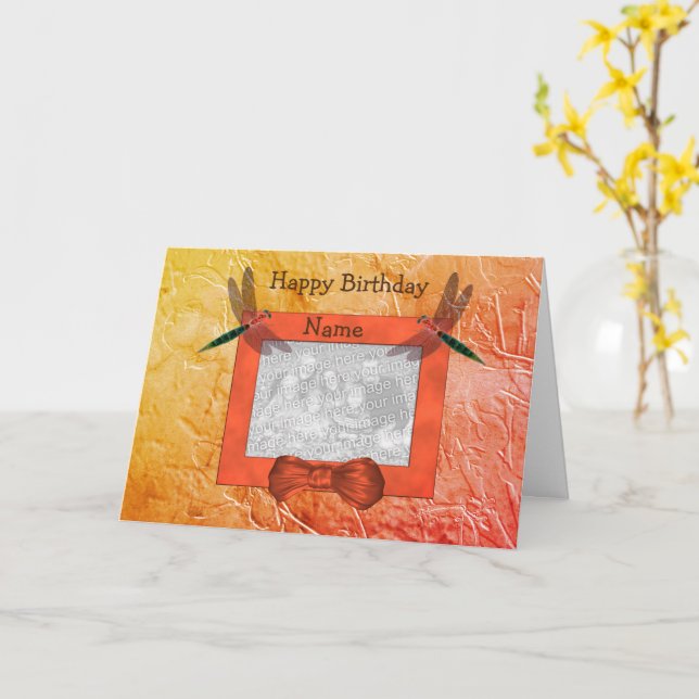 Dragonflies Personalised Photo Birthday Card (Yellow Flower)