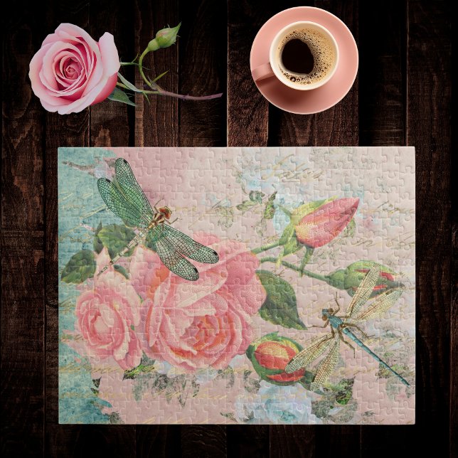 Dragonflies Roses and Gold Handwriting Ephemera Jigsaw Puzzle (Creator Uploaded)