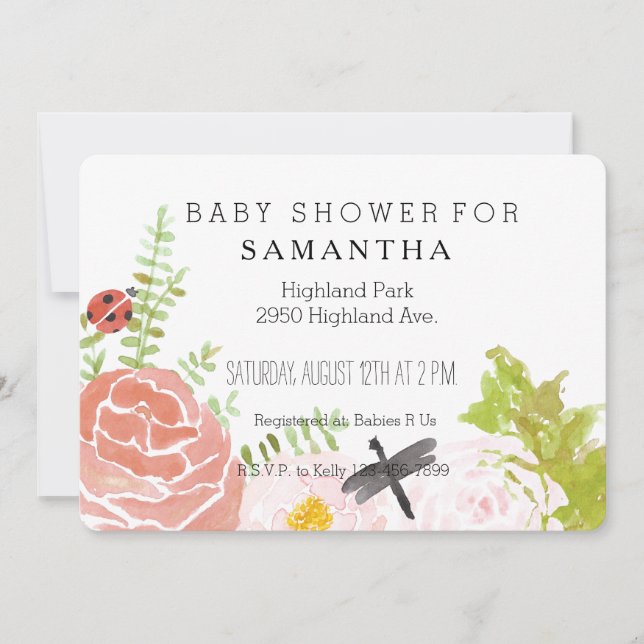 Dragonflies Roses Watercolor Garden baby shower Invitation (Front)