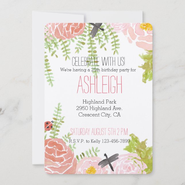 Dragonflies Roses Watercolor Garden birthday Invitation (Front)