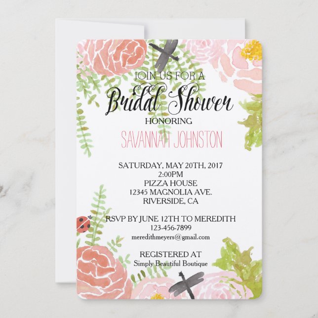 Dragonflies Roses Watercolor Garden bridal shower Invitation (Front)