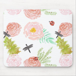 Dragonflies Roses Watercolor Garden Mouse Mat