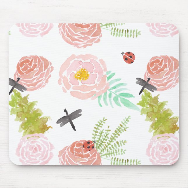 Dragonflies Roses Watercolor Garden Mouse Mat (Front)