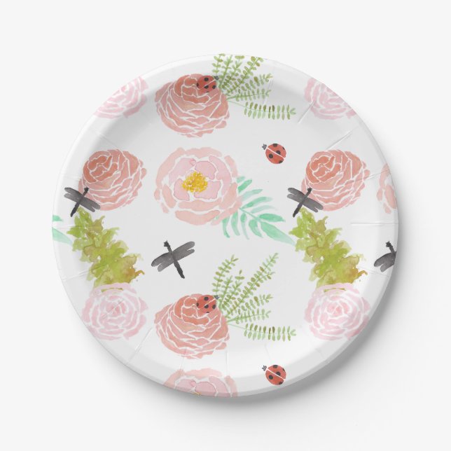Dragonflies Roses Watercolor Garden Paper Plate (Front)