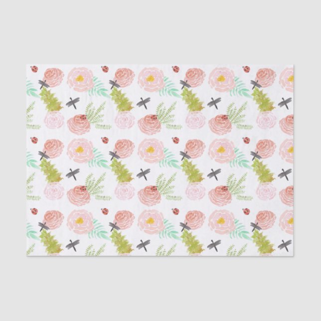 Dragonflies Roses Watercolor Garden Tissue Paper (Front)