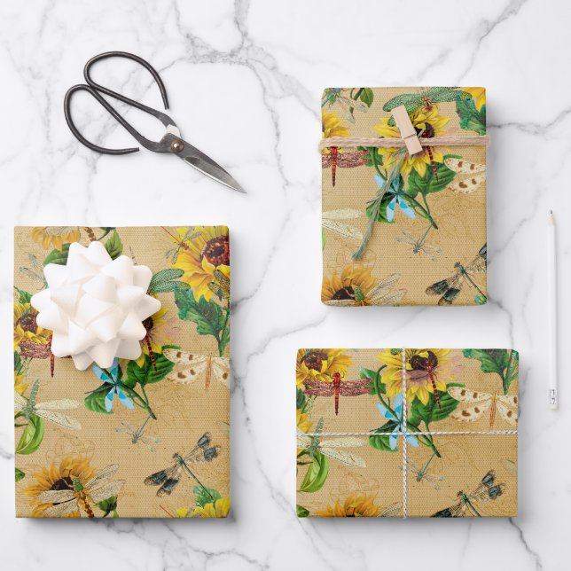Dragonflies Sunflowers Birthday Baby Shower Wrapping Paper Sheet (Front)