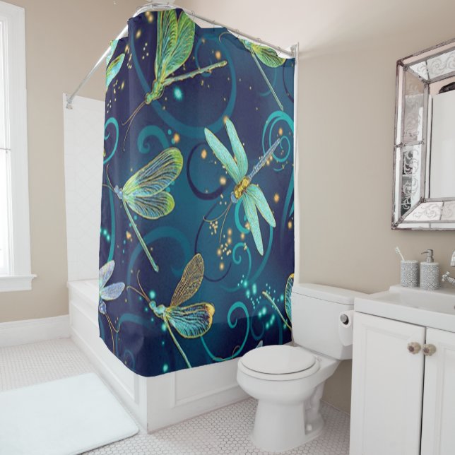 Dragonflies Teal Shower Curtain (In Situ)