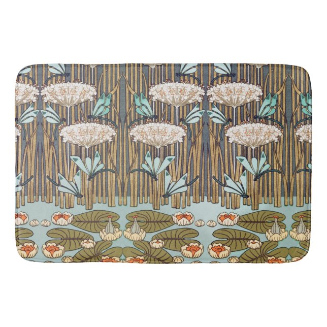 Dragonflies Water Lilies Marsh Art Nouveau Bath Mat (Front)