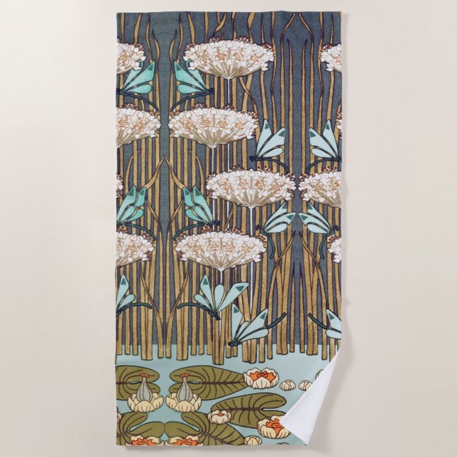 Dragonflies Water Lilies Marsh Art Nouveau Beach Towel (Front)