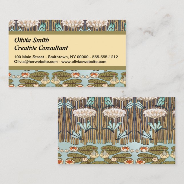 Dragonflies Water Lilies Marsh Art Nouveau Business Card (Front/Back)