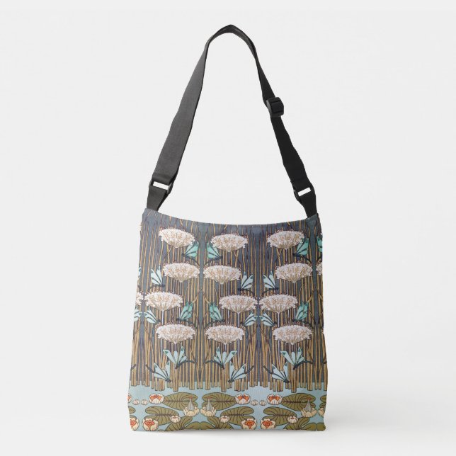 Dragonflies Water Lilies Marsh Art Nouveau Crossbody Bag (Front)
