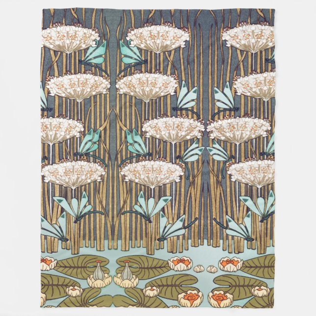 Dragonflies Water Lilies Marsh Art Nouveau Fleece Blanket (Front)