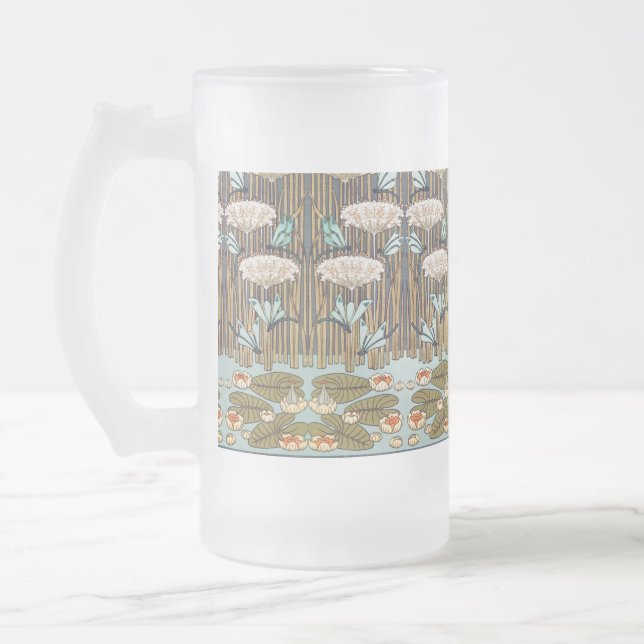 Dragonflies Water Lilies Marsh Art Nouveau Frosted Glass Beer Mug (Left)