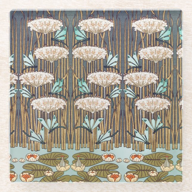 Dragonflies Water Lilies Marsh Art Nouveau Glass Coaster (Front)