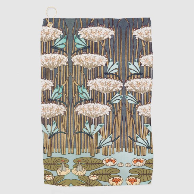 Dragonflies Water Lilies Marsh Art Nouveau Golf Towel (Front)