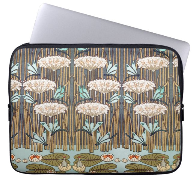 Dragonflies Water Lilies Marsh Art Nouveau Laptop Sleeve (Front)
