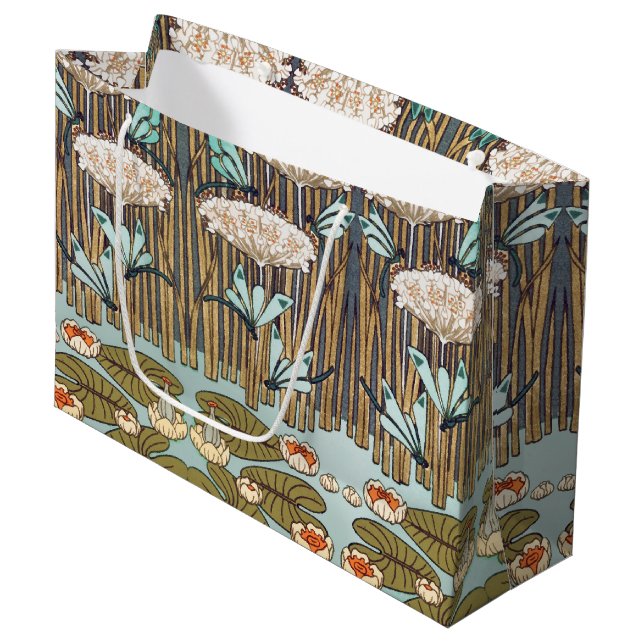 Dragonflies Water Lilies Marsh Art Nouveau Large Gift Bag (Front Angled)