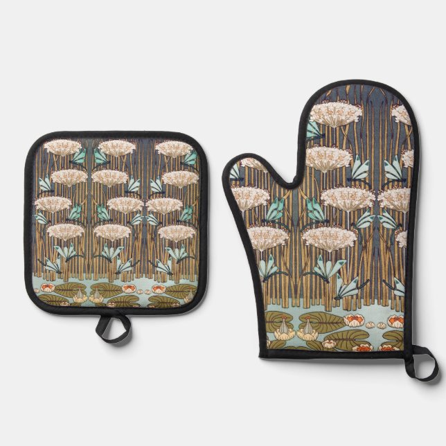 Dragonflies Water Lilies Marsh Art Nouveau Oven Mitt & Pot Holder Set (Front)