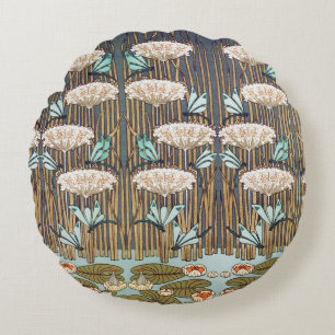 Dragonflies Water Lilies Marsh Art Nouveau Round Cushion