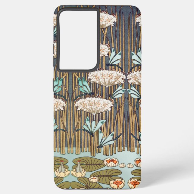 Dragonflies Water Lilies Marsh Art Nouveau Samsung Galaxy S21 Ultra Case (Back)